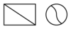 A rectangle with a diagonal drawn. To its right, a circle halved with a curving line from top to bottom.