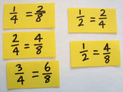 Cards marked with equivalent fractions.
