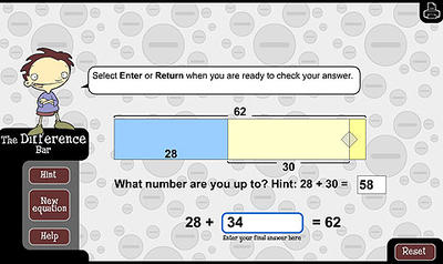 Problem of 62 minus 28, with a diagrammatic representation of 28 added to 30 to give 58, leaving 4 to reach 62.
