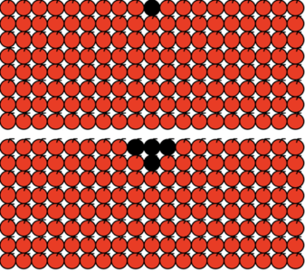 Two large rectangular arrays of red apples. The first has one black apple in the centre of top row. The second has three black apples in the centre of the top row and one in the centre of the second row.