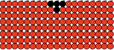 8 rows of 19 red apples in lines with the 9th, 10th and 11th apples in the first row and the 10th apple in the second row coloured black