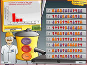 Nine packets of jubes with maximum number of jubes of one colour in each packet identified. Column graph of the information showing five as the most commonly occurring.